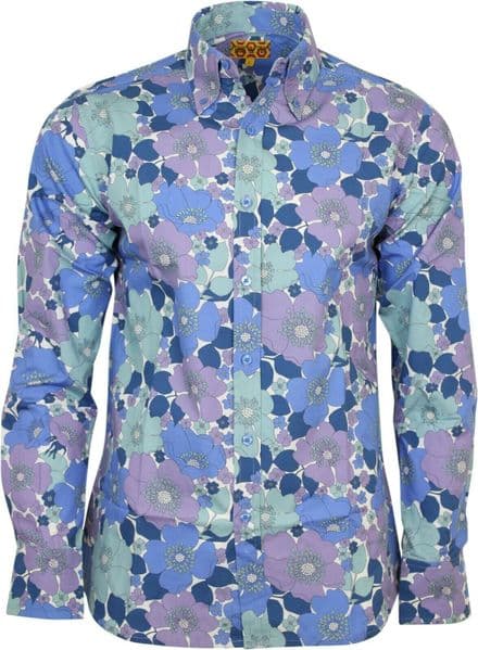 Run & Fly Mens Flower Print Long Sleeved Shirt 60s 70s Psychedelic Mod Retro
